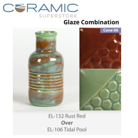 Rust Red EL132 over Tidal Pool EL106 Glaze Combination Rust Red EL132 over Tidal Pool EL106 Glaze Combination